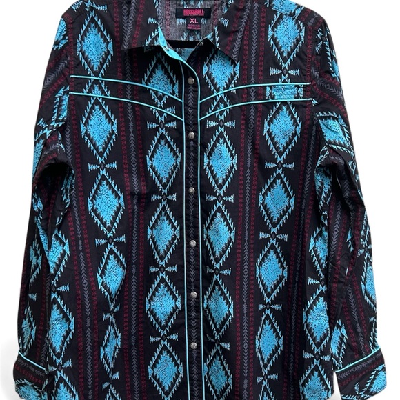 Rock & Roll Cowgirl Tops - Rock & Roll Cowgirl Black and Blue Western Blouse